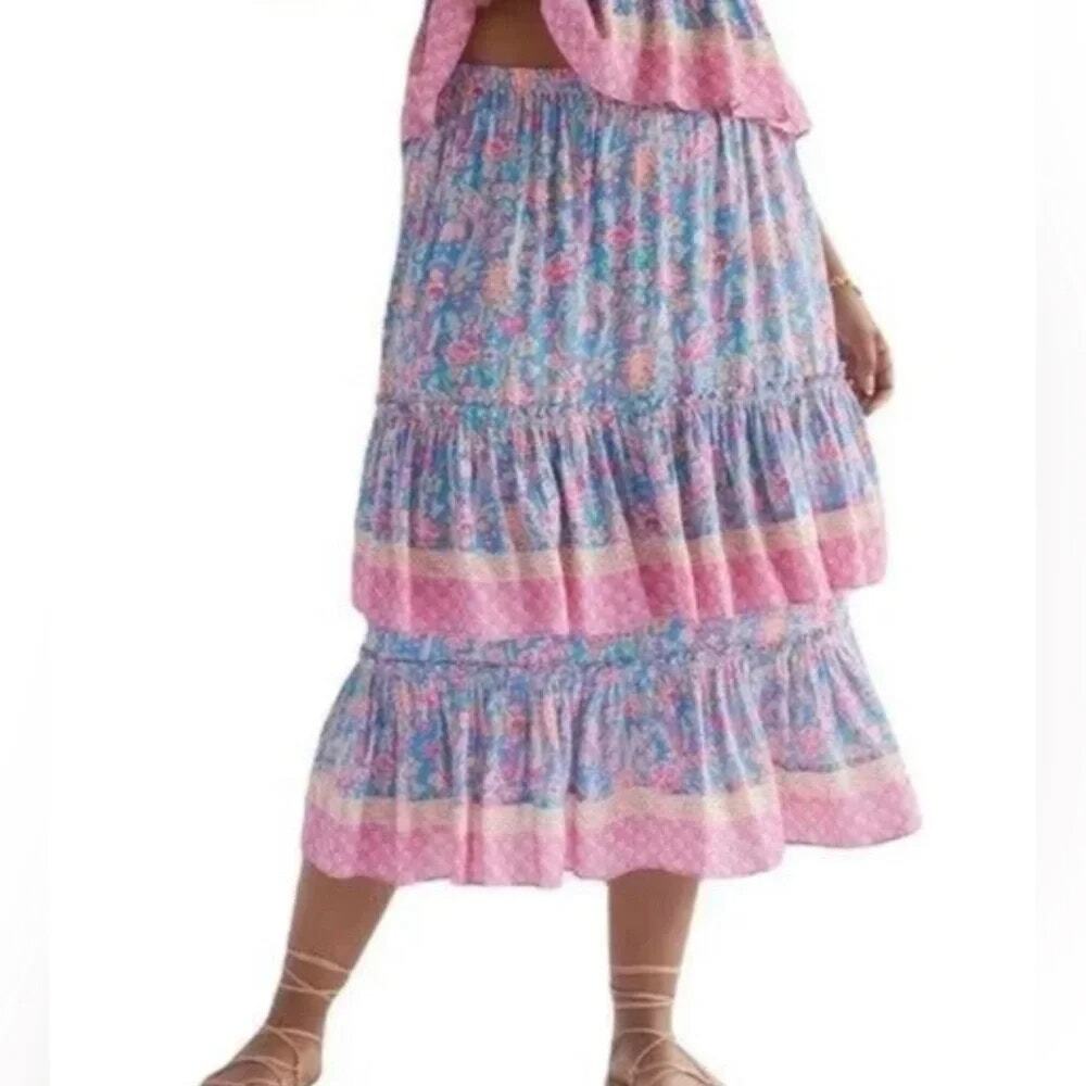 Anthropologie Plenty Tracy Reese Floral Ruffle Tiered Midi Skirt NWT Sz LRG